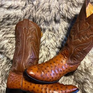 Nocona Tan and Brown Ostrich & Leather Western Cowboy Boots cognac sz 13 3A